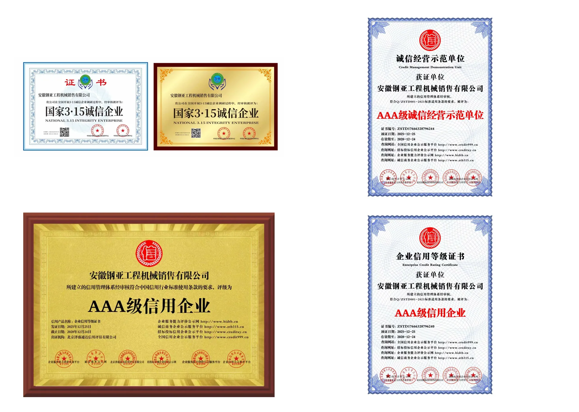 Certificates and awards of Anhui Gangya Construction Machinery Co., Ltd.